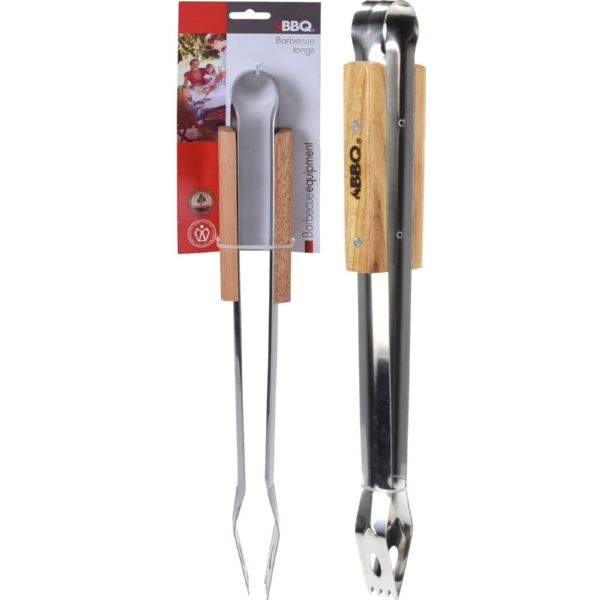 PINZA BARBACOA INOX CON MANGO MADERA 40.5CM